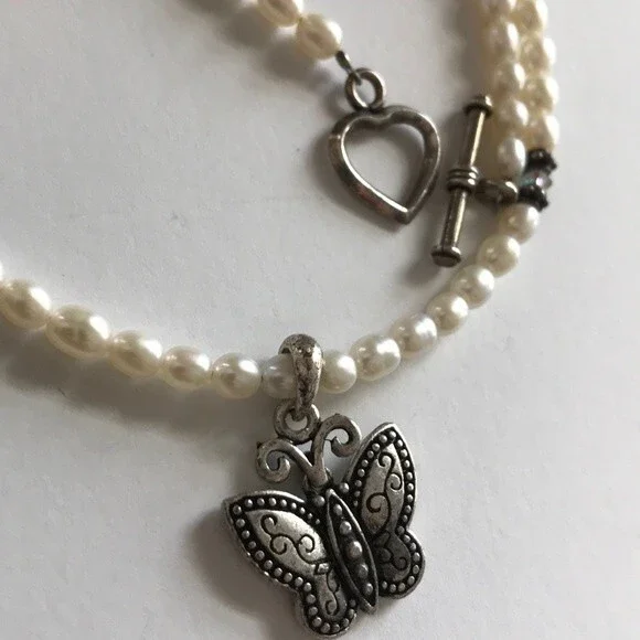Vintage Handmade Sterling Silver Butterfly Pearl Swarovski Crystal Necklace 16 - Picture 8 of 8